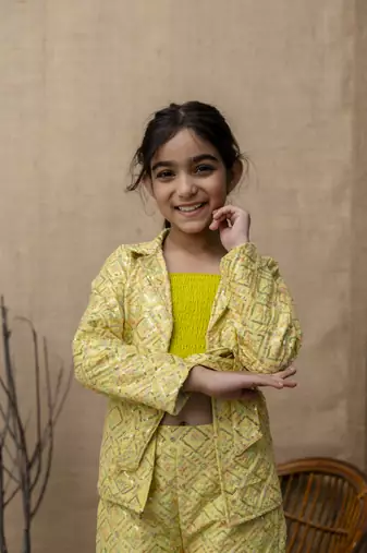 Yellow printed top & pant with jacket co ord set for girls