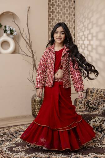 Red Georgette printed saree & blouse with jacket for girls