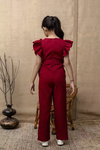 Red Viscose printed jumpsuit set for girls