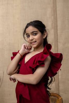Red Viscose printed jumpsuit set for girls 5