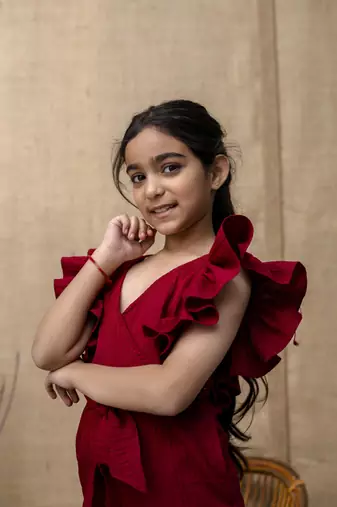 Red Viscose printed jumpsuit set for girls