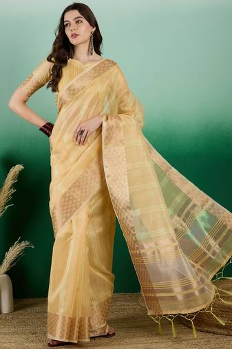yellow Khadi Organza Saree with Blouse