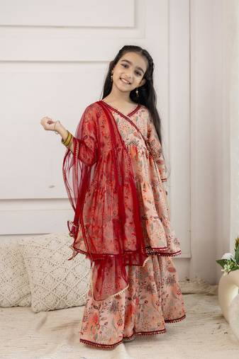 Red floral printed & lace embellished angrakha styled kurta & sharara with dupatta for girls