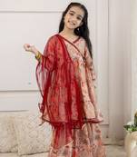 Red floral printed & lace embellished angrakha styled kurta & sharara with dupatta for girls