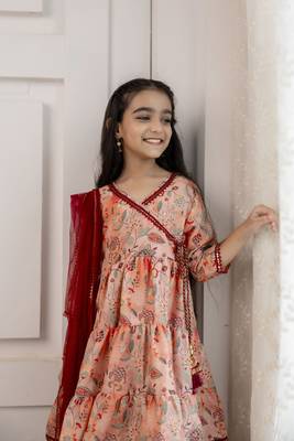 Red floral printed & lace embellished angrakha styled kurta & sharara with dupatta for girls 2