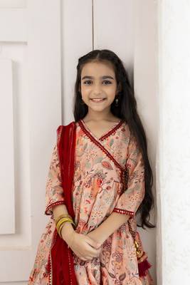 Red floral printed & lace embellished angrakha styled kurta & sharara with dupatta for girls 3