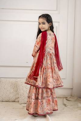 Red floral printed & lace embellished angrakha styled kurta & sharara with dupatta for girls 4