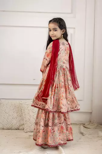 Red floral printed & lace embellished angrakha styled kurta & sharara with dupatta for girls