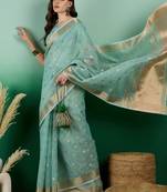 blue Khadi Organza Saree with Blouse
