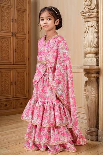Pink floral printed lehenga with choli for girls