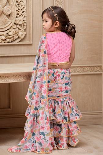 Pink floral printed lehenga with choli in multicolor for girls