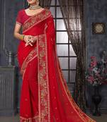  red resham cross embroidery georgette saree