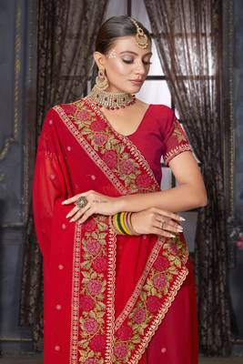  red resham cross embroidery georgette saree 2