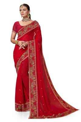  red resham cross embroidery georgette saree 4