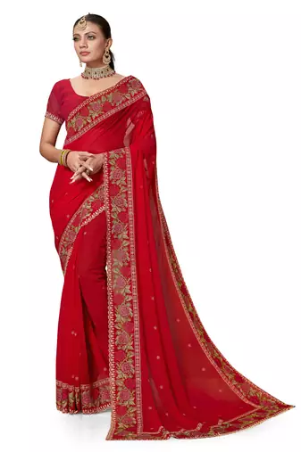  red resham cross embroidery georgette saree