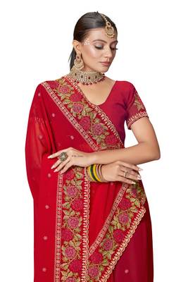  red resham cross embroidery georgette saree 5