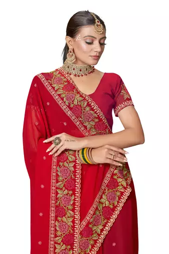 red resham cross embroidery georgette saree
