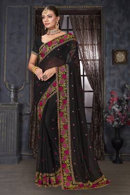  black resham cross embroidery georgette saree 1