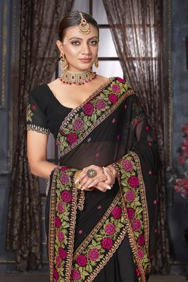  black resham cross embroidery georgette saree 2