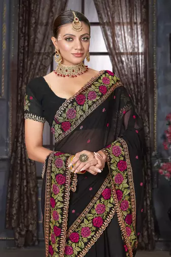  black resham cross embroidery georgette saree