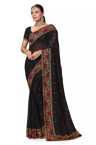 black resham cross embroidery georgette saree