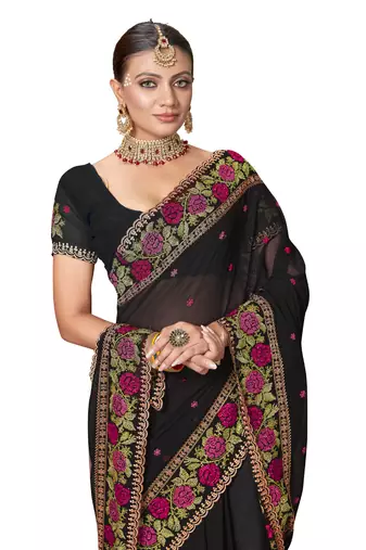  black resham cross embroidery georgette saree