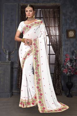  white resham cross embroidery georgette saree 1