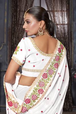  white resham cross embroidery georgette saree 2
