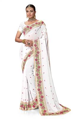  white resham cross embroidery georgette saree 4