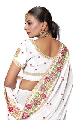  white resham cross embroidery georgette saree 5