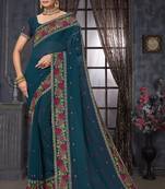  teal blue resham cross embroidery georgette saree