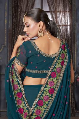  teal blue resham cross embroidery georgette saree 2
