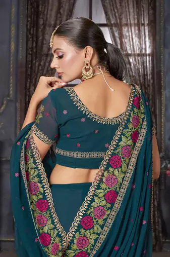  teal blue resham cross embroidery georgette saree