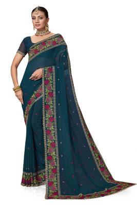  teal blue resham cross embroidery georgette saree 4