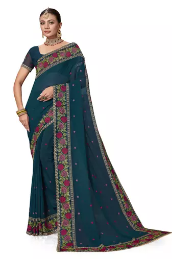  teal blue resham cross embroidery georgette saree