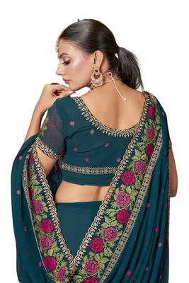  teal blue resham cross embroidery georgette saree 5