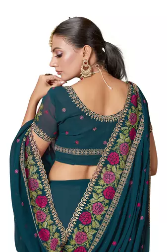  teal blue resham cross embroidery georgette saree