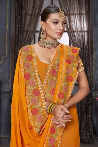  mustard resham cross embroidery georgette saree
