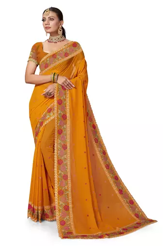  mustard resham cross embroidery georgette saree