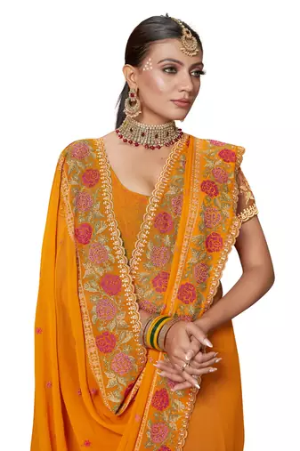  mustard resham cross embroidery georgette saree