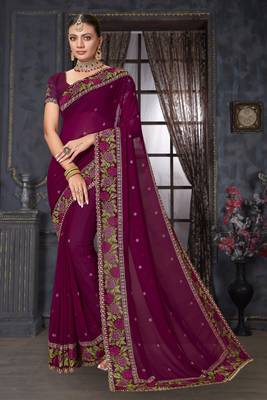  wine resham cross embroidery georgette saree 1