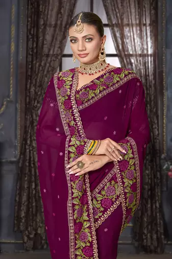  wine resham cross embroidery georgette saree