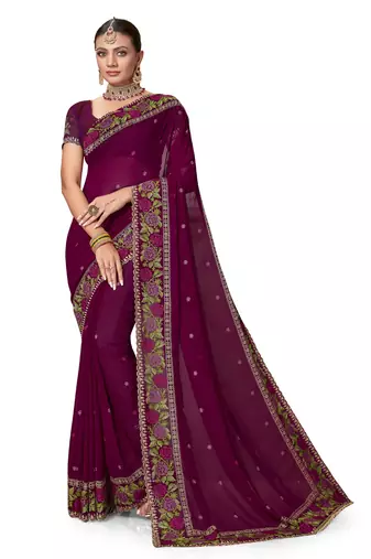  wine resham cross embroidery georgette saree