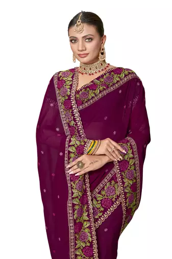  wine resham cross embroidery georgette saree