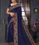  navy blue resham cross embroidery georgette saree