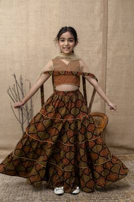 Brown printed lehenga choli with dupatta for girls 1