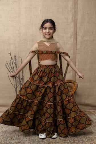 Brown printed lehenga choli with dupatta for girls