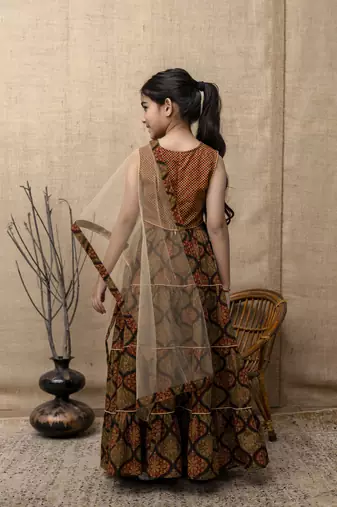 Brown printed lehenga choli with dupatta for girls