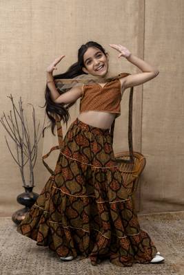 Brown printed lehenga choli with dupatta for girls 3