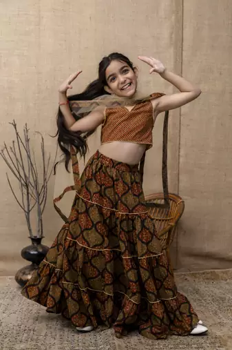 Brown printed lehenga choli with dupatta for girls